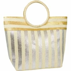 Cheapest ⭐ Magid Striped Gold & Silver Metallic Circle Handle Beach Tote ❤️