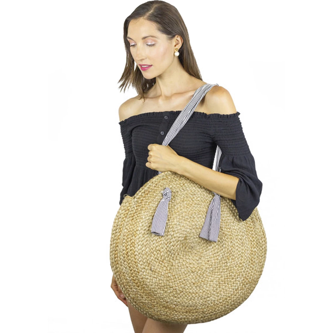 Best deal ๐ Magid Jumbo Cotton Striped Handles Jute Straw Circle Tote ๐ - Image 2