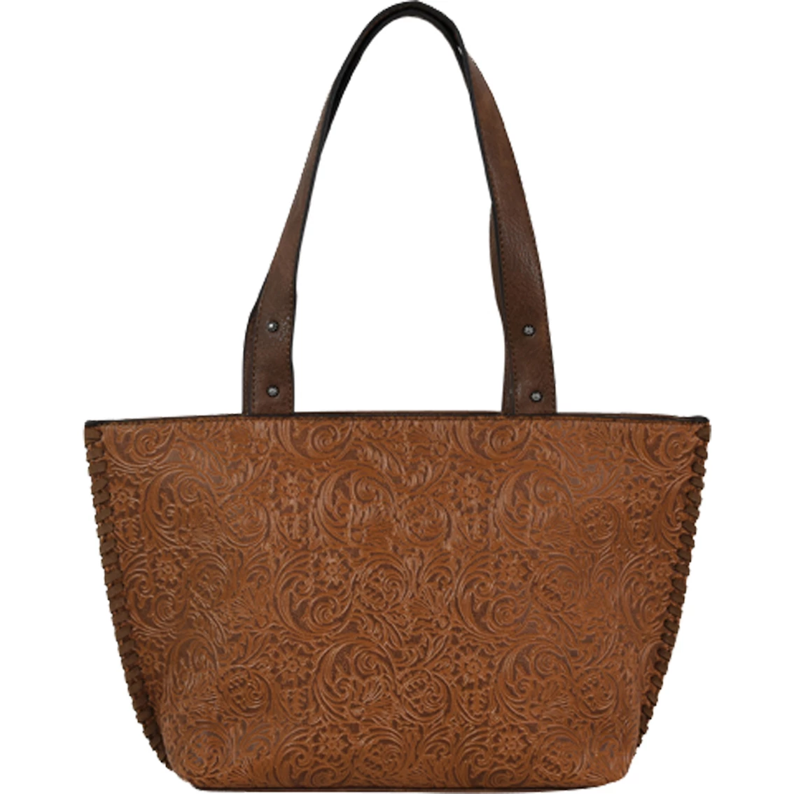 Discount โ Justin Tote Saddle Brown Tooled With Whipstitch Edge ๐